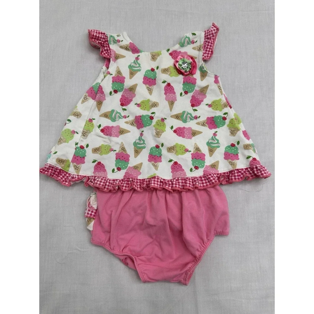 18 Months Baby Set Ice cream Cones Outfit With Cherry's. Ruffle Bottoms To Match